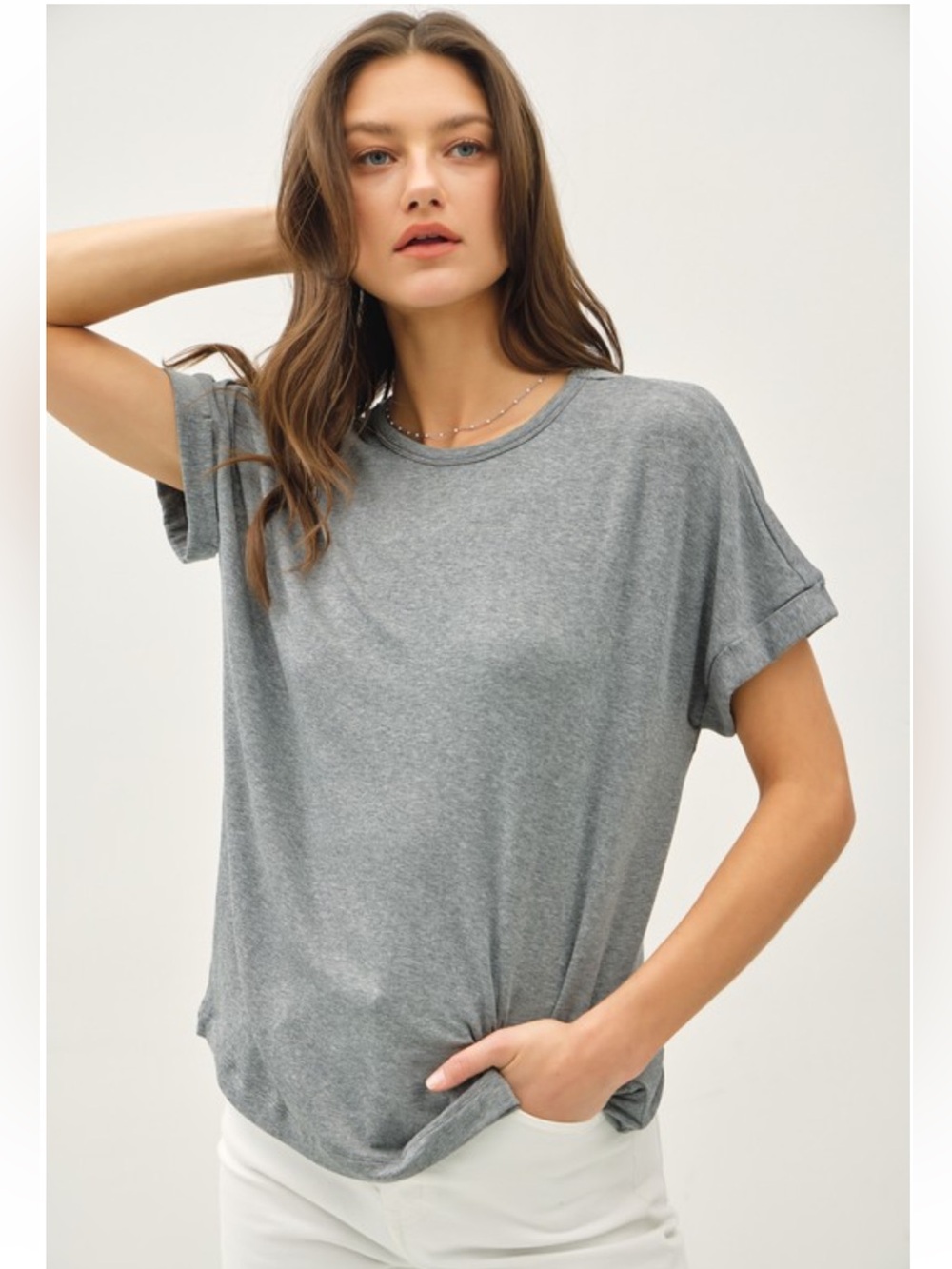 1426 • Heather Grey Modal Blend Cuffed Sleeve Oversized Round Neck Tee